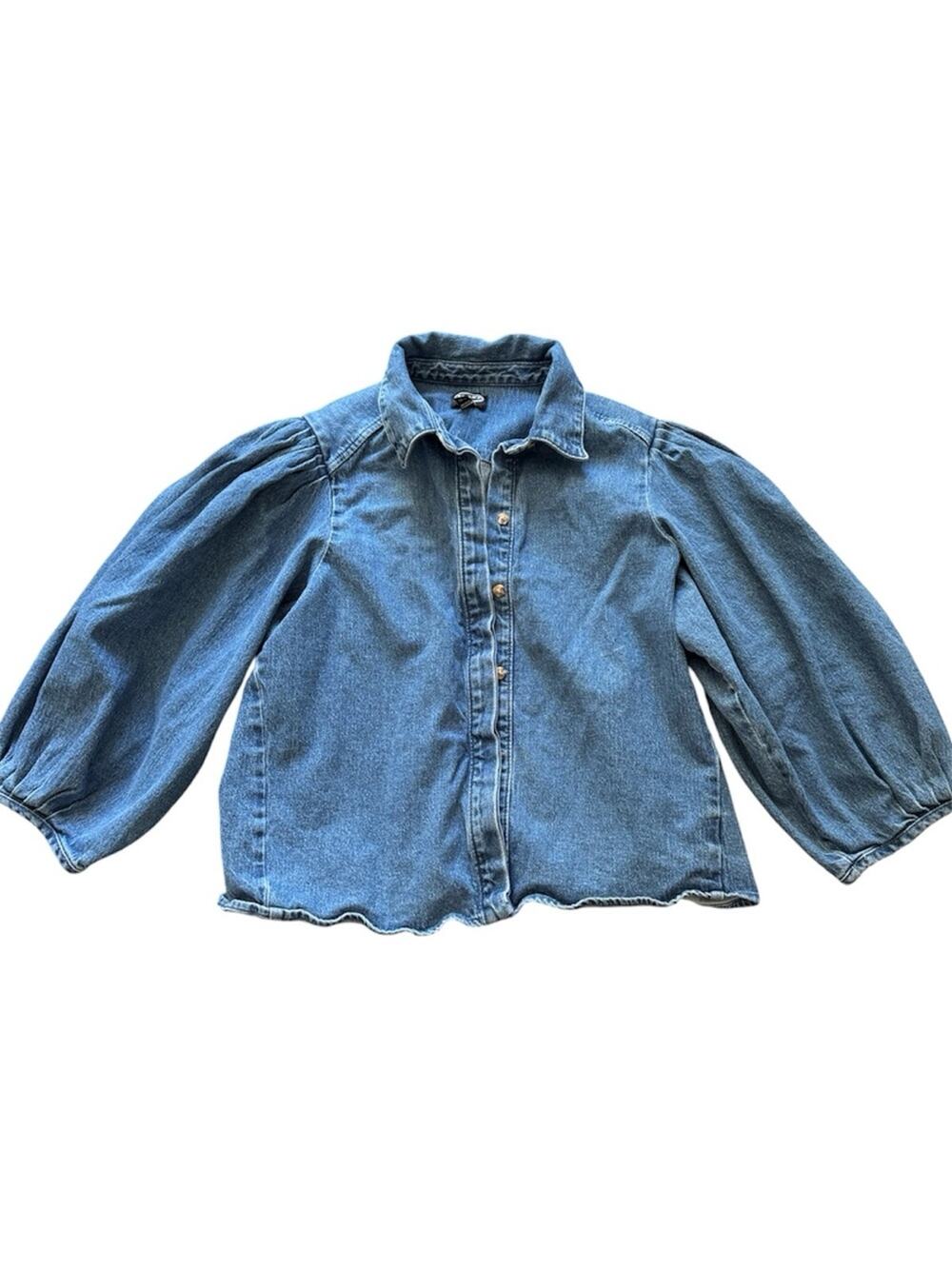 Scoop Girl’ Denim Shirt 3/4 Puff Sleeves Collar Button Down Blue Size 16/18
